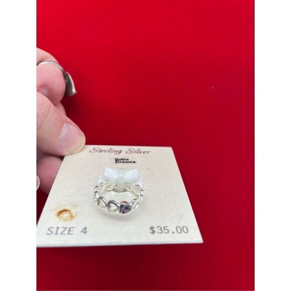 Sterling Silver Heart Ring with Purple Stone CZ Pinky Ring Gift Idea Cute - Picture 3 of 4
